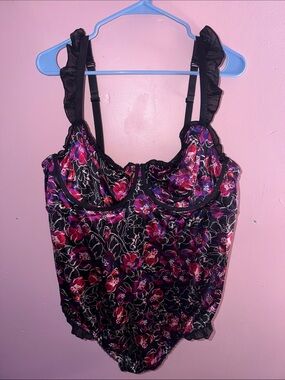 Torrid Floral Lace-Trim Chemise Bodysuit in Black and Purple